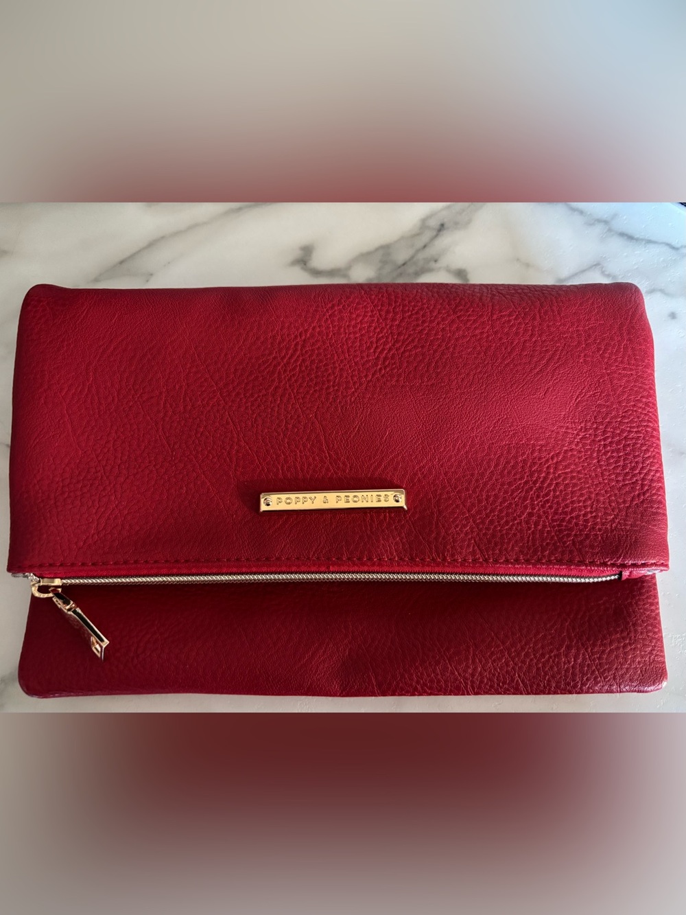 Poppy & Peonies Cherry Red Fold-Over Leather Clutch with Gold Plate